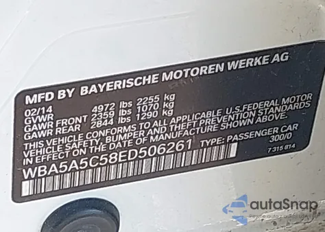 2014 BMW 528I from USA, damaged, VIN WBA5A5C58ED506261